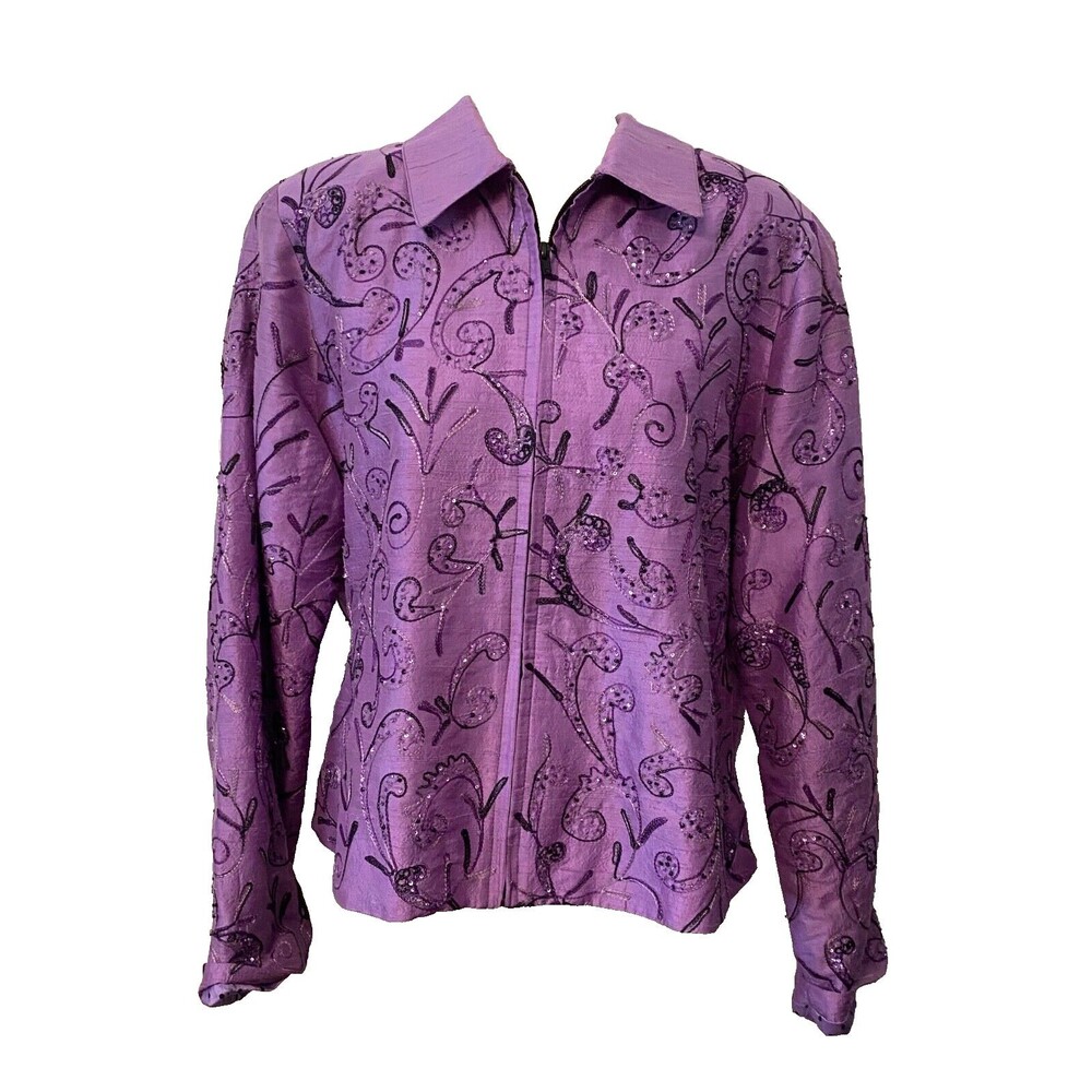 ANAGE Women's XL Purple 100% Silk Jacket Beaded Embroidered Floral Zip Sequins